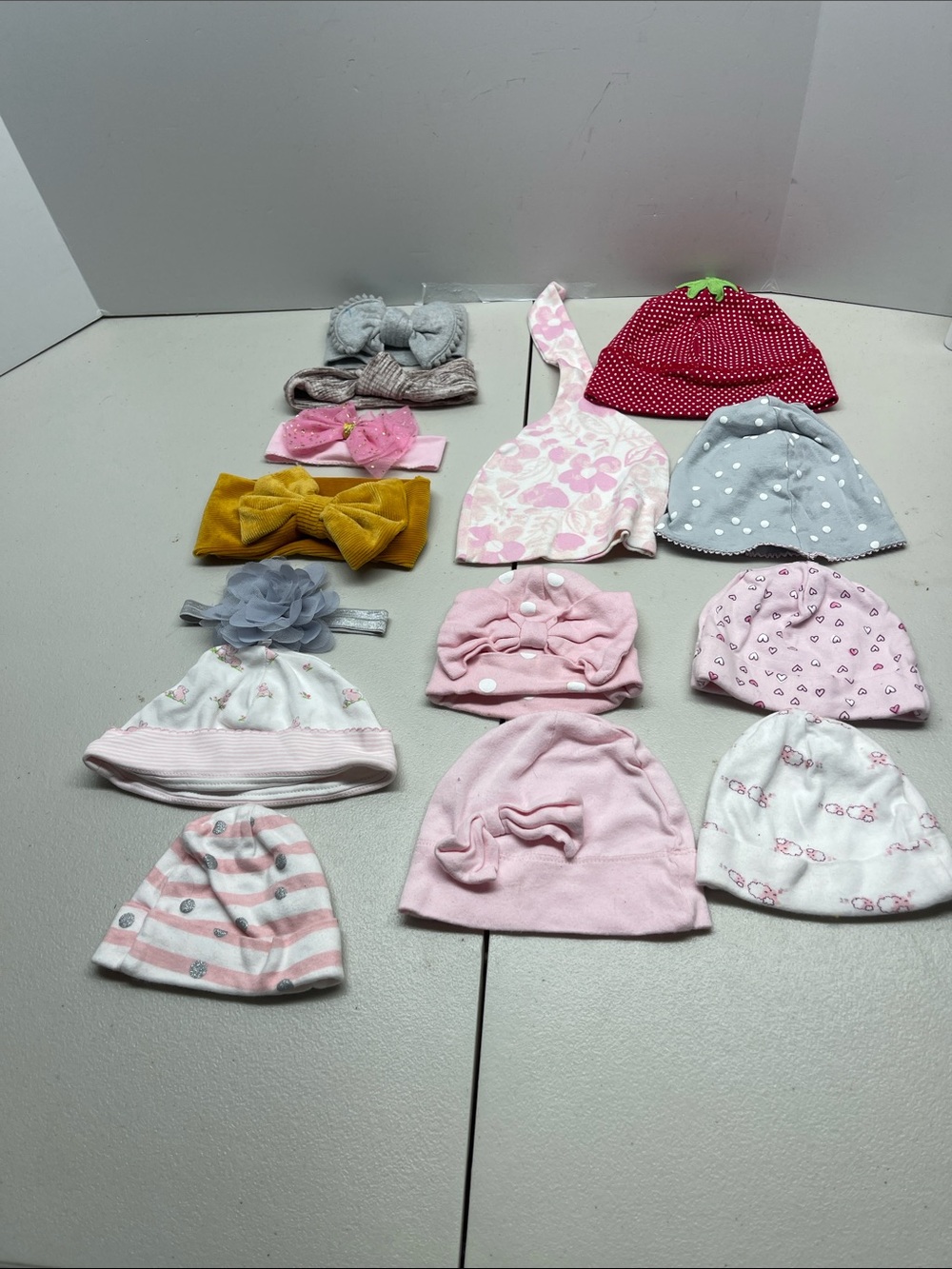 14 Assorted Baby Girl Hat and Headband Set - Pink, Gray, Yellow